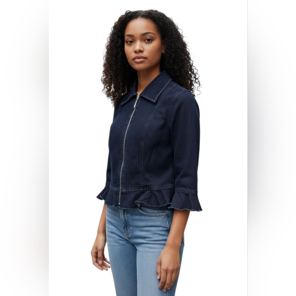Moschino Front Zip Lightweight, Fitted Denim Ruffle Jacket Blazer, Size 8